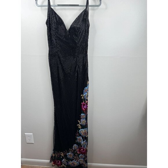 Mac Duggal Floral Slit Fully Beaded V Neck Gown Maxi Dress 5238 Black Size 2 NWT - Picture 3 of 8